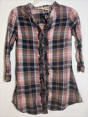 BKE Vintage 90s Plaid Ruffle Top Women’s Small Button Front Boho Y2K 3/4 Sleeve